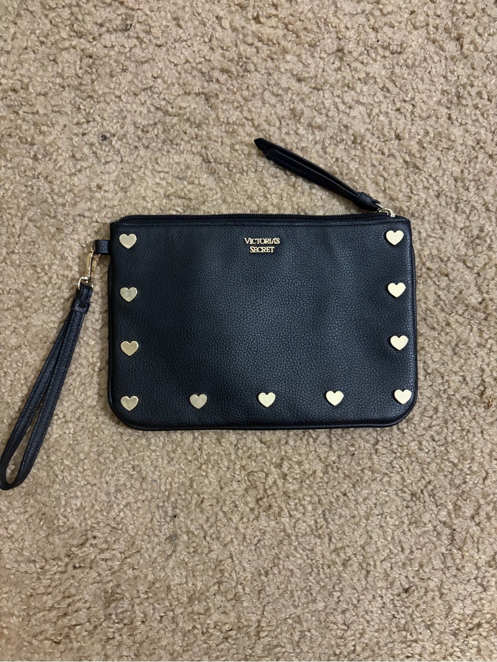 Victoria's Secret Black Wristlet with Gold Heart Studs